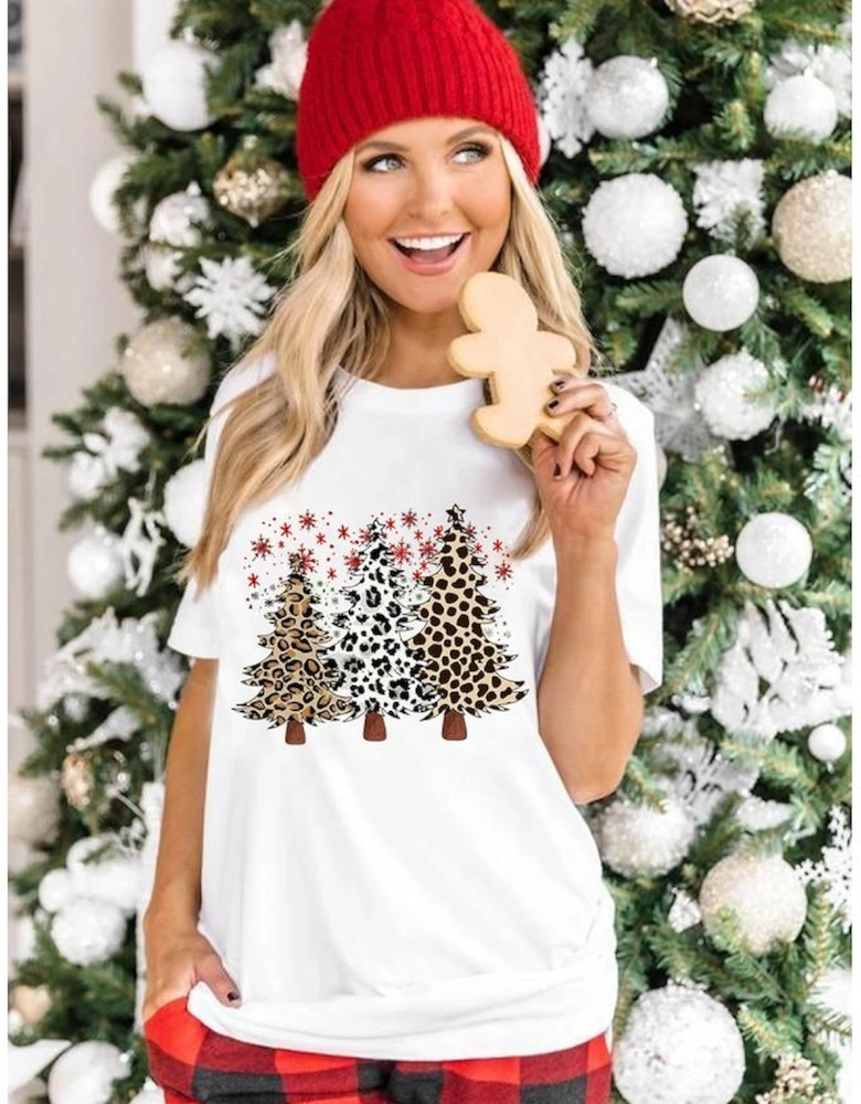 White Leopard Christmas Tree Graphic Crewneck Tee