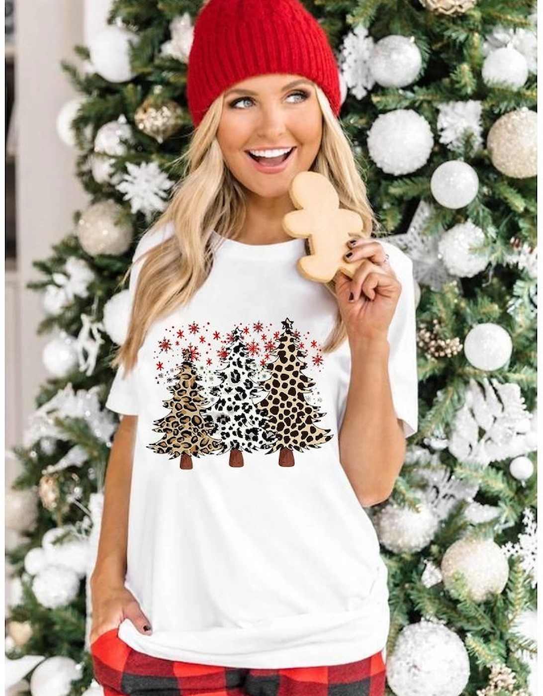 White Leopard Christmas Tree Graphic Crewneck Tee