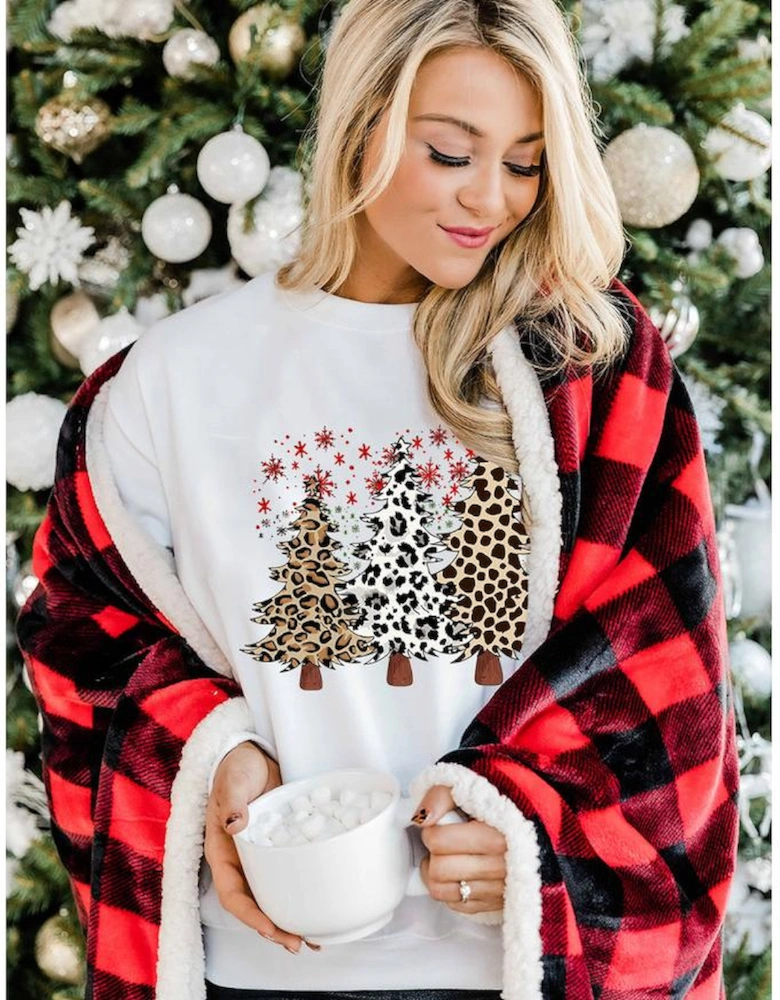 White Leopard Christmas Tree Graphic Crewneck Tee