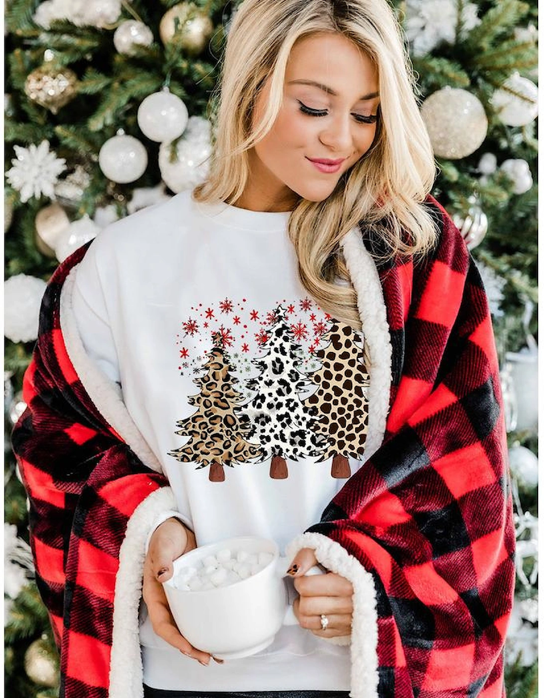 White Leopard Christmas Tree Graphic Crewneck Tee