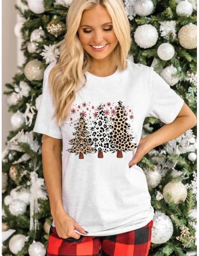 White Leopard Christmas Tree Graphic Crewneck Tee