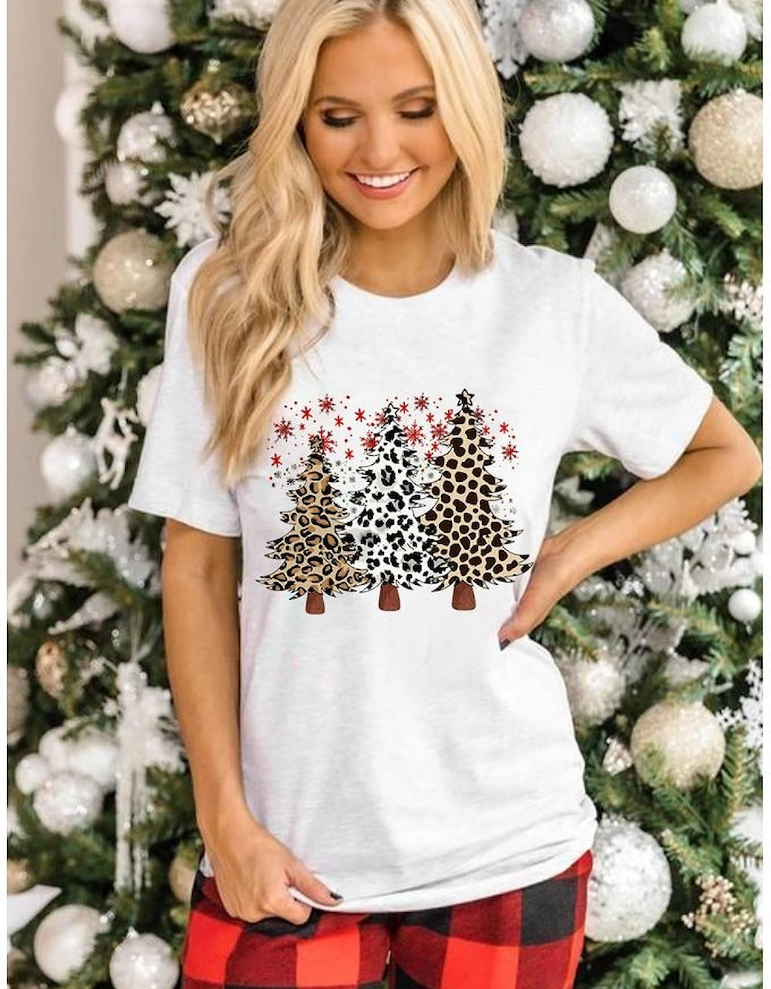 White Leopard Christmas Tree Graphic Crewneck Tee