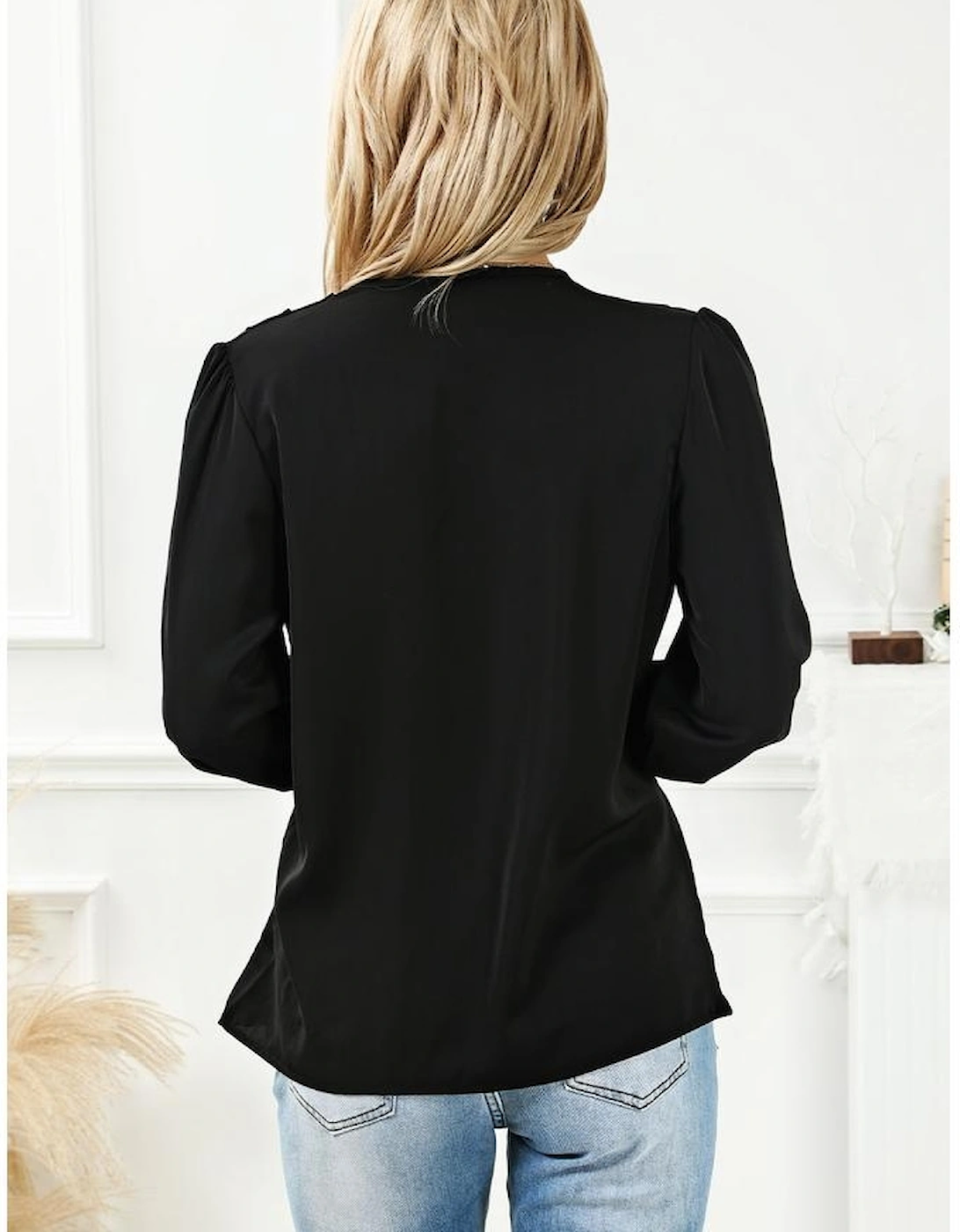 Black Solid Surplice Neck Shirred Cuffs Draped Blouse