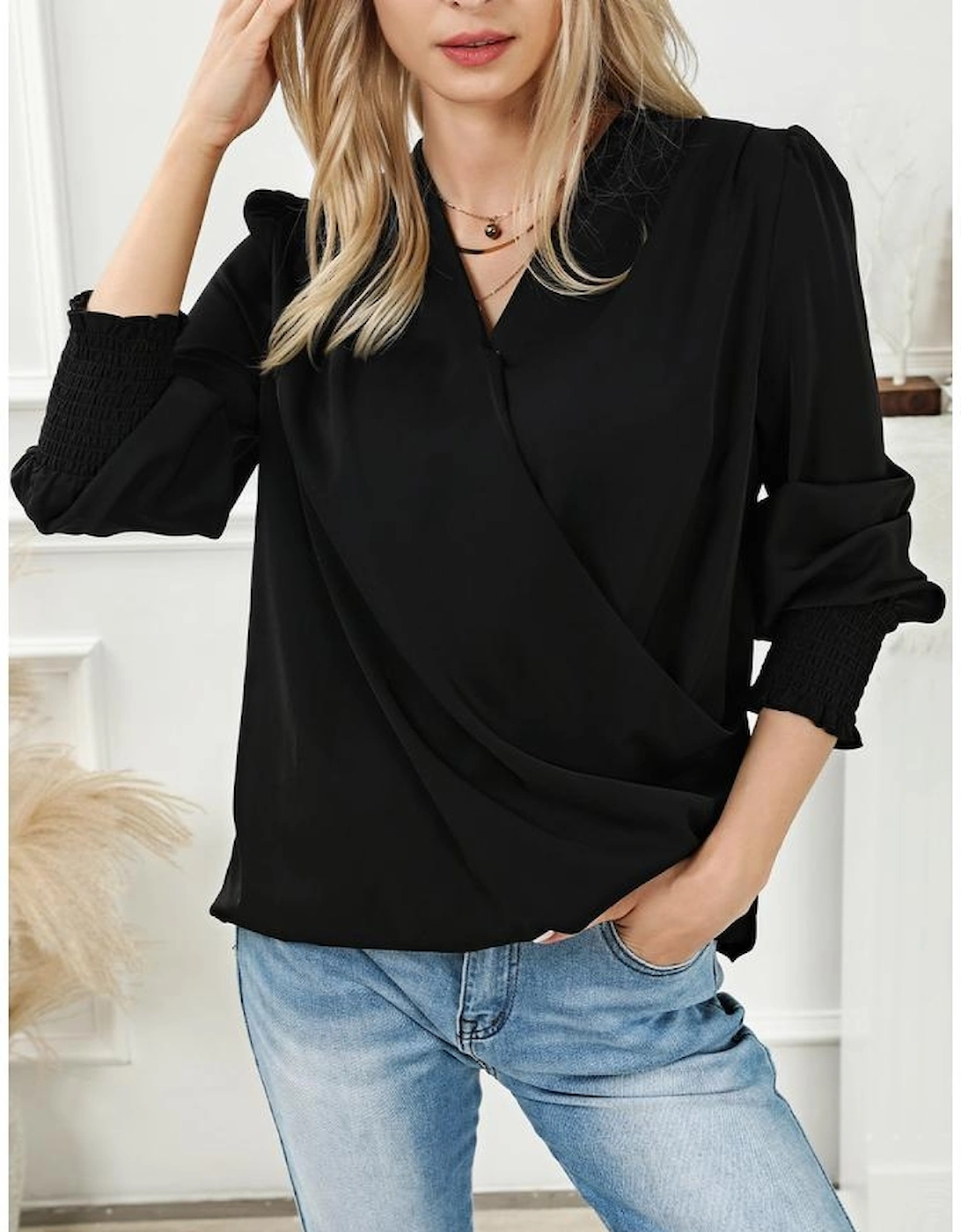 Black Solid Surplice Neck Shirred Cuffs Draped Blouse