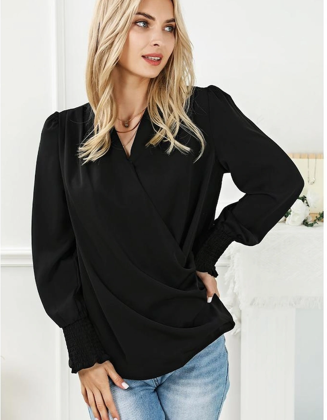 Black Solid Surplice Neck Shirred Cuffs Draped Blouse