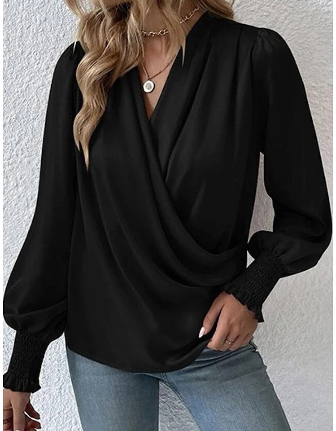 Black Solid Surplice Neck Shirred Cuffs Draped Blouse
