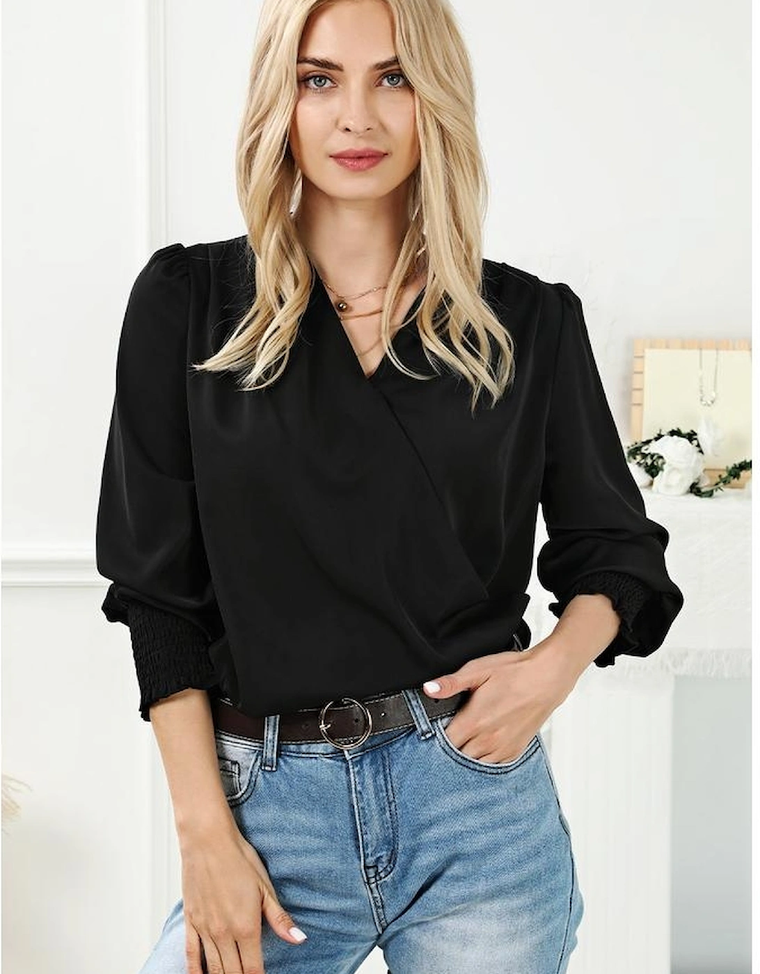Black Solid Surplice Neck Shirred Cuffs Draped Blouse