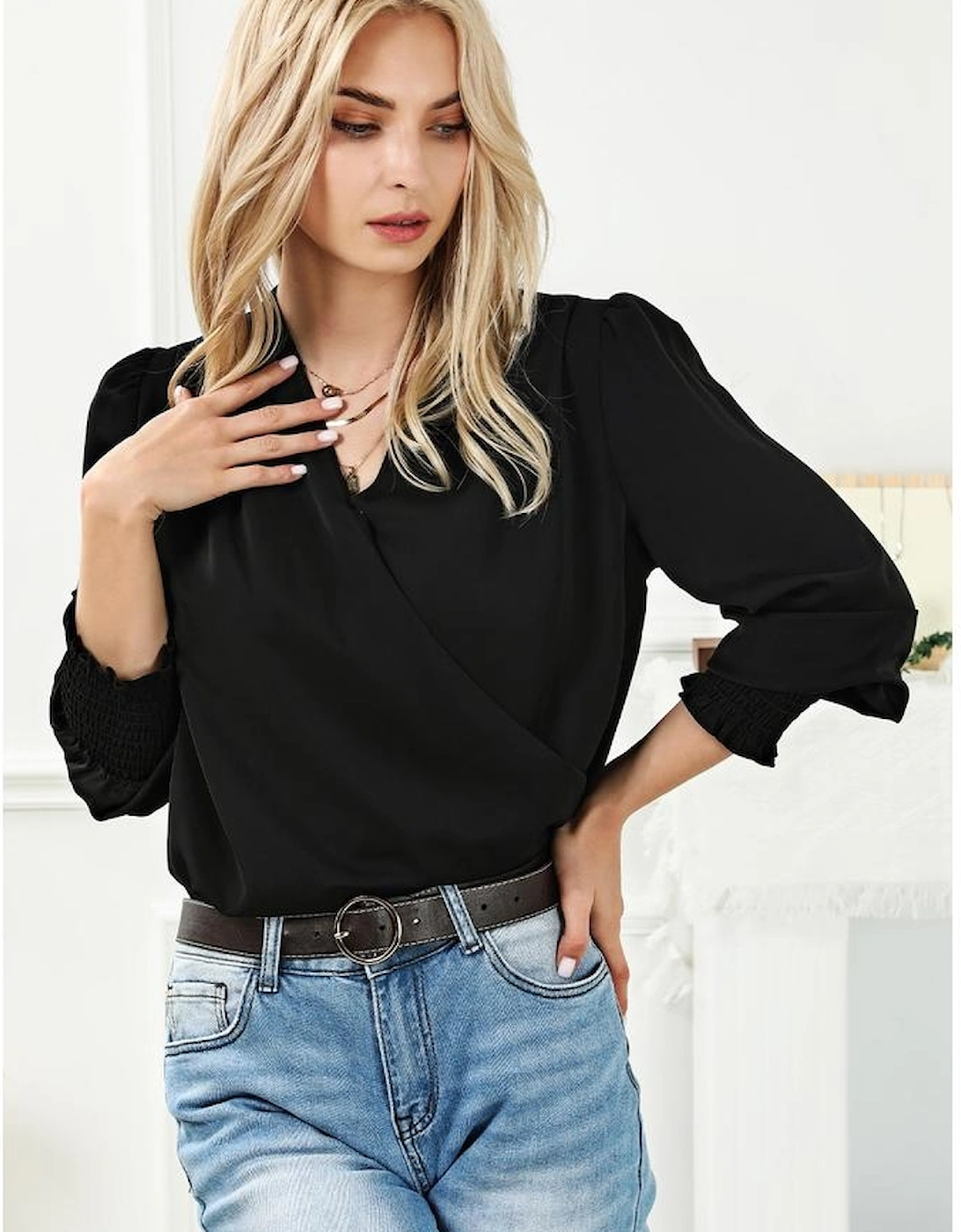 Black Solid Surplice Neck Shirred Cuffs Draped Blouse