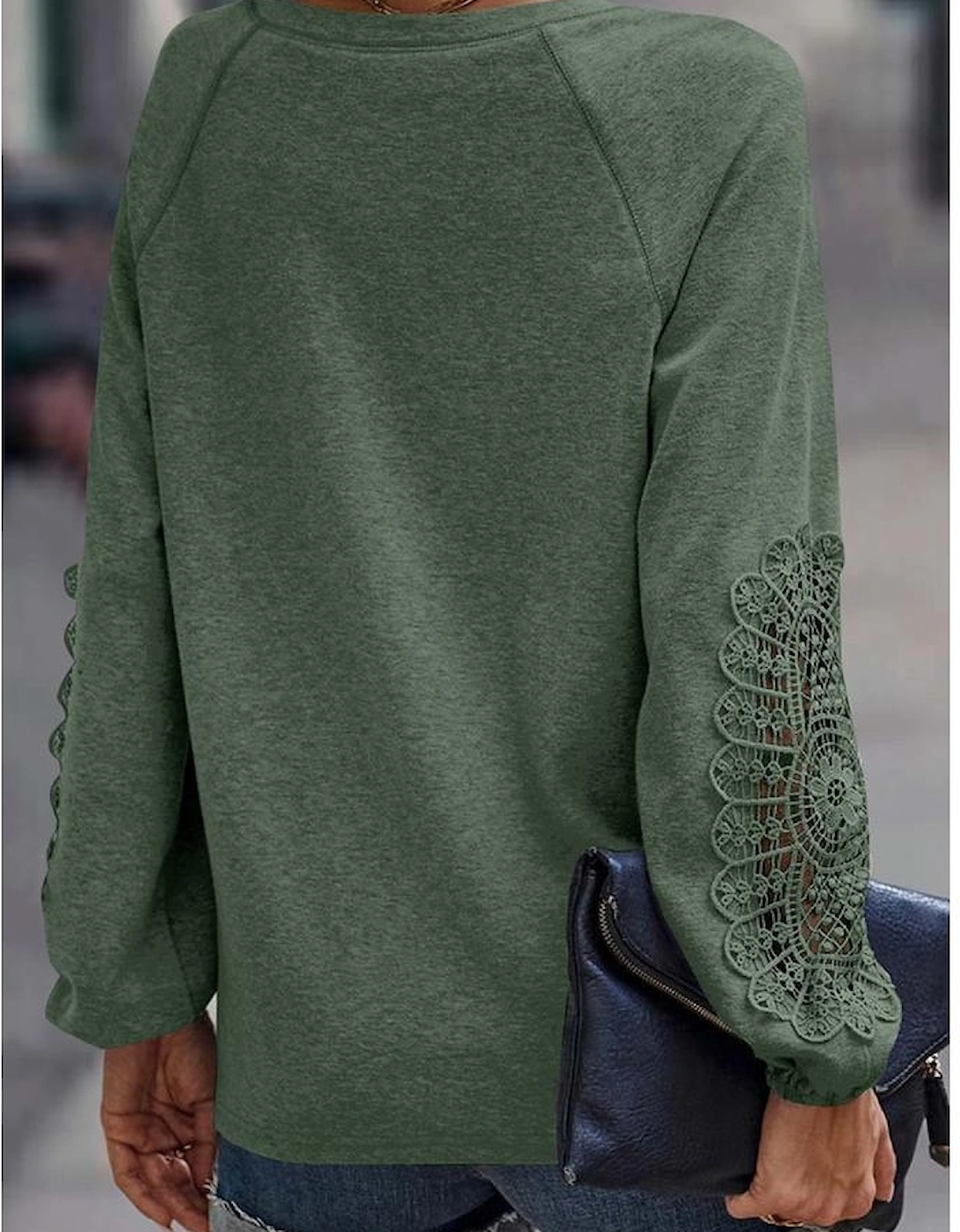 Green Crochet Lace Patch Raglan Sleeve Top