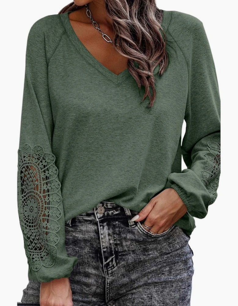 Green Crochet Lace Patch Raglan Sleeve Top