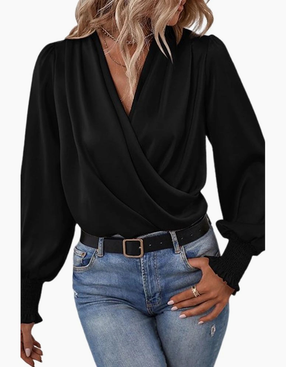 Black Solid Surplice Neck Shirred Cuffs Draped Blouse