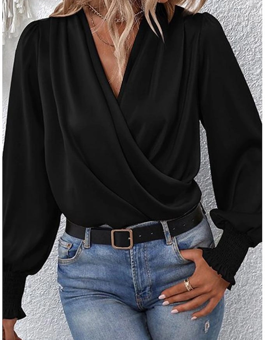Black Solid Surplice Neck Shirred Cuffs Draped Blouse
