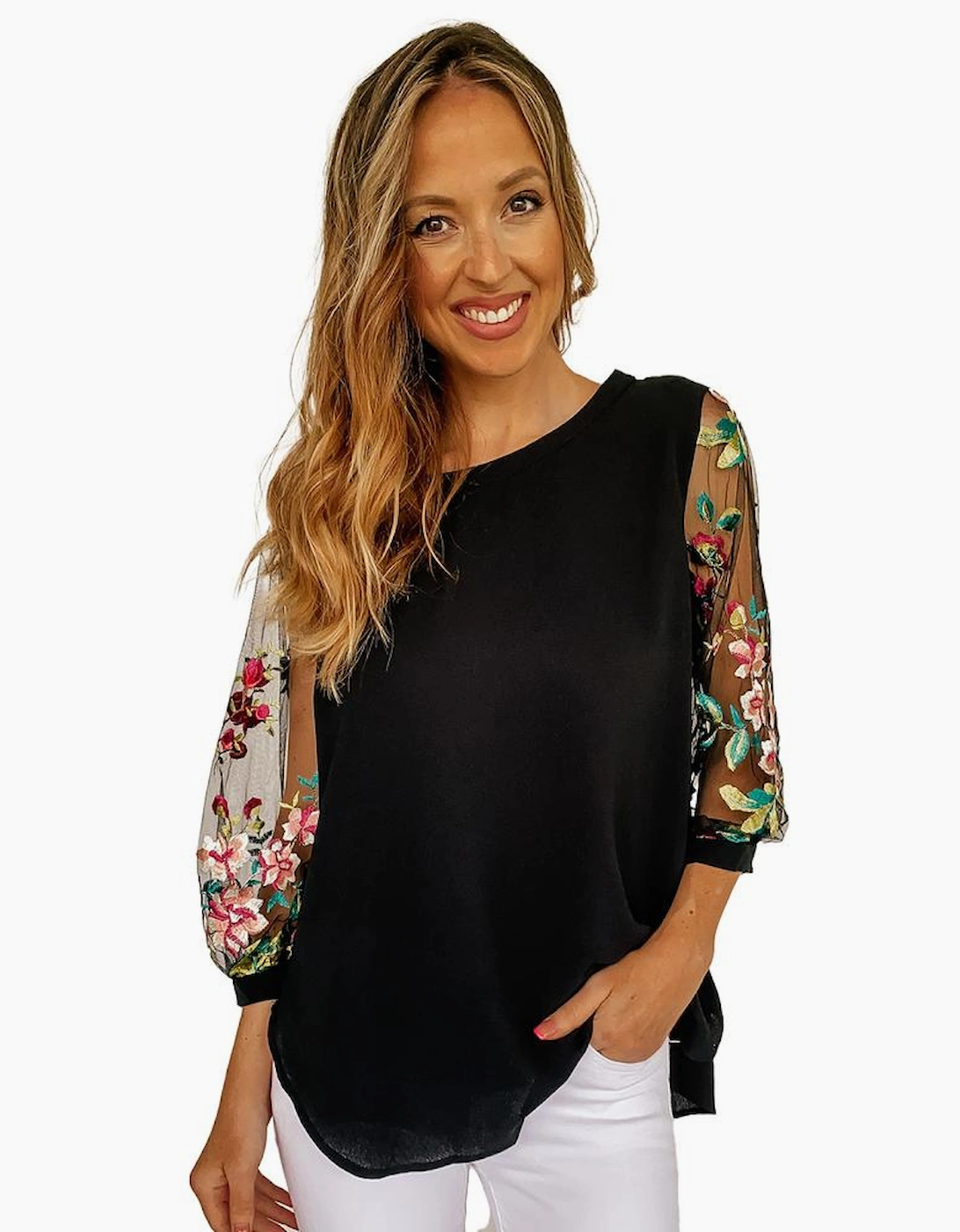 Azura Exchange Embroidered Sleeve Blouse