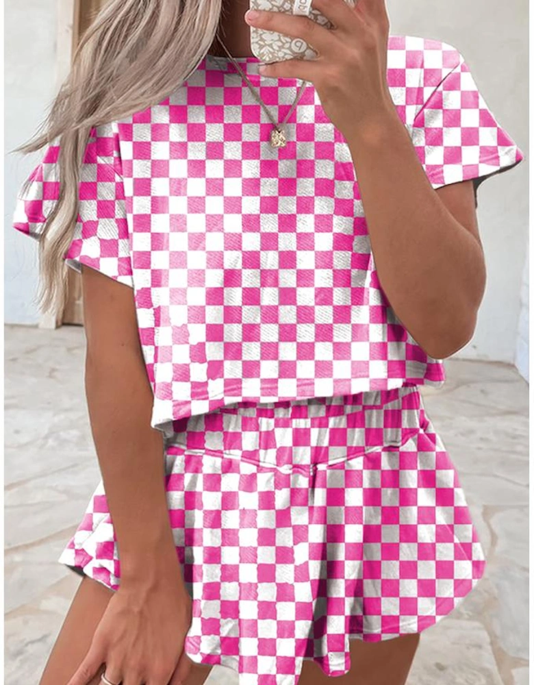 Pink Checkerboard T Shirt and High Waist Skorts 2 Piece Outfit
