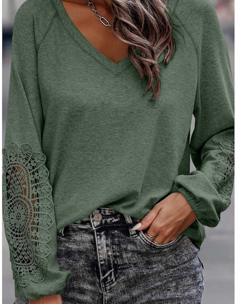 Green Crochet Lace Patch Raglan Sleeve Top