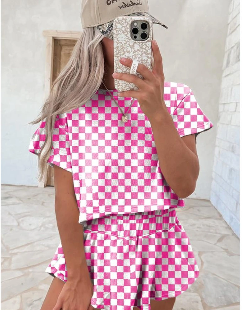 Pink Checkerboard T Shirt and High Waist Skorts 2 Piece Outfit