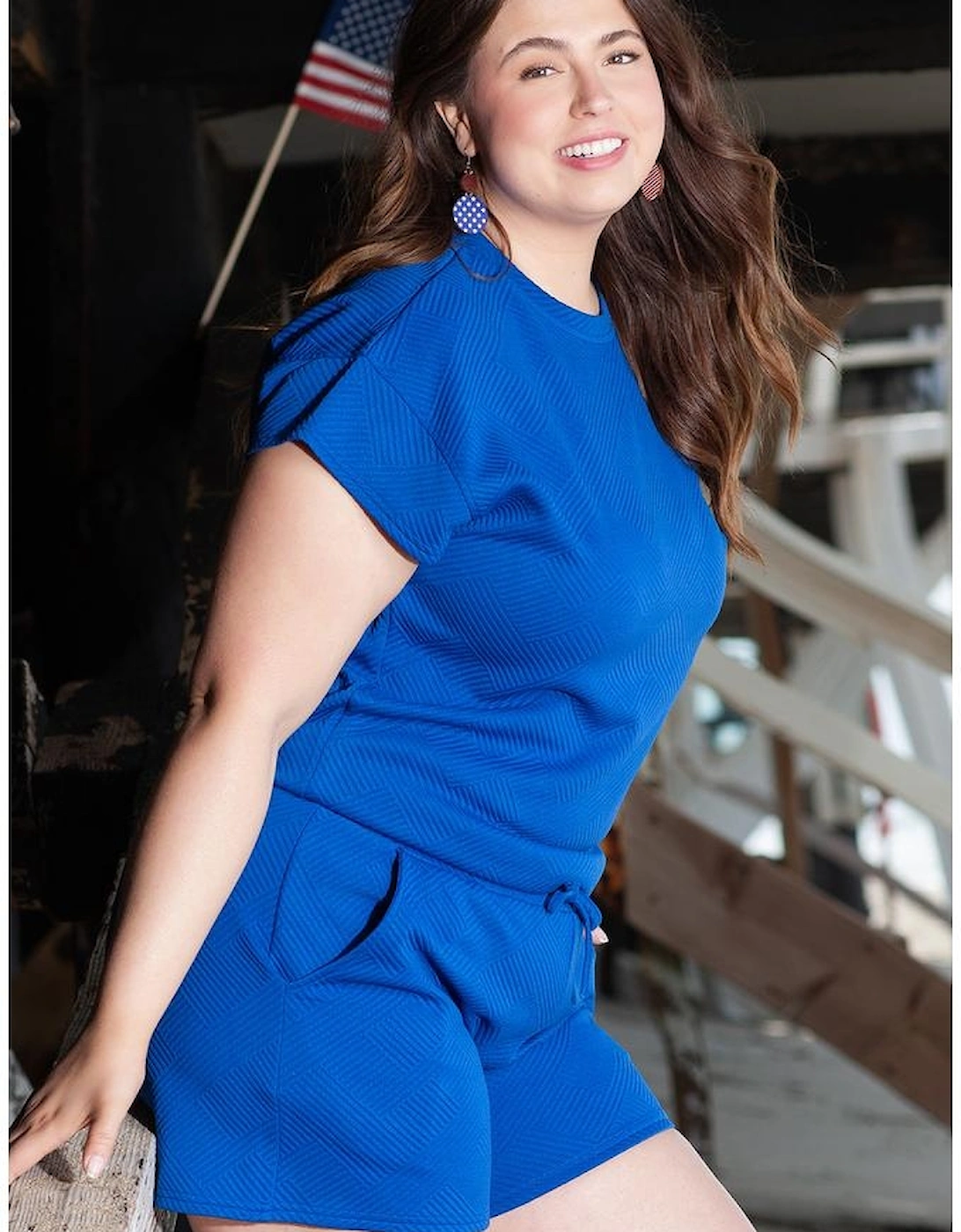 Dark Blue Plus Size Fashion Textured Short 2pcs Outfit, 15 of 14