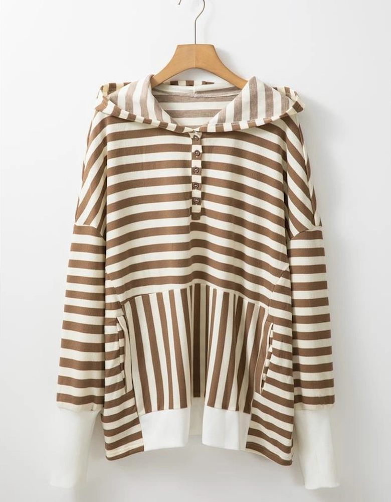 Brown Stripe Quarter Buttons Drop Sleeve Plus Size Hoodie