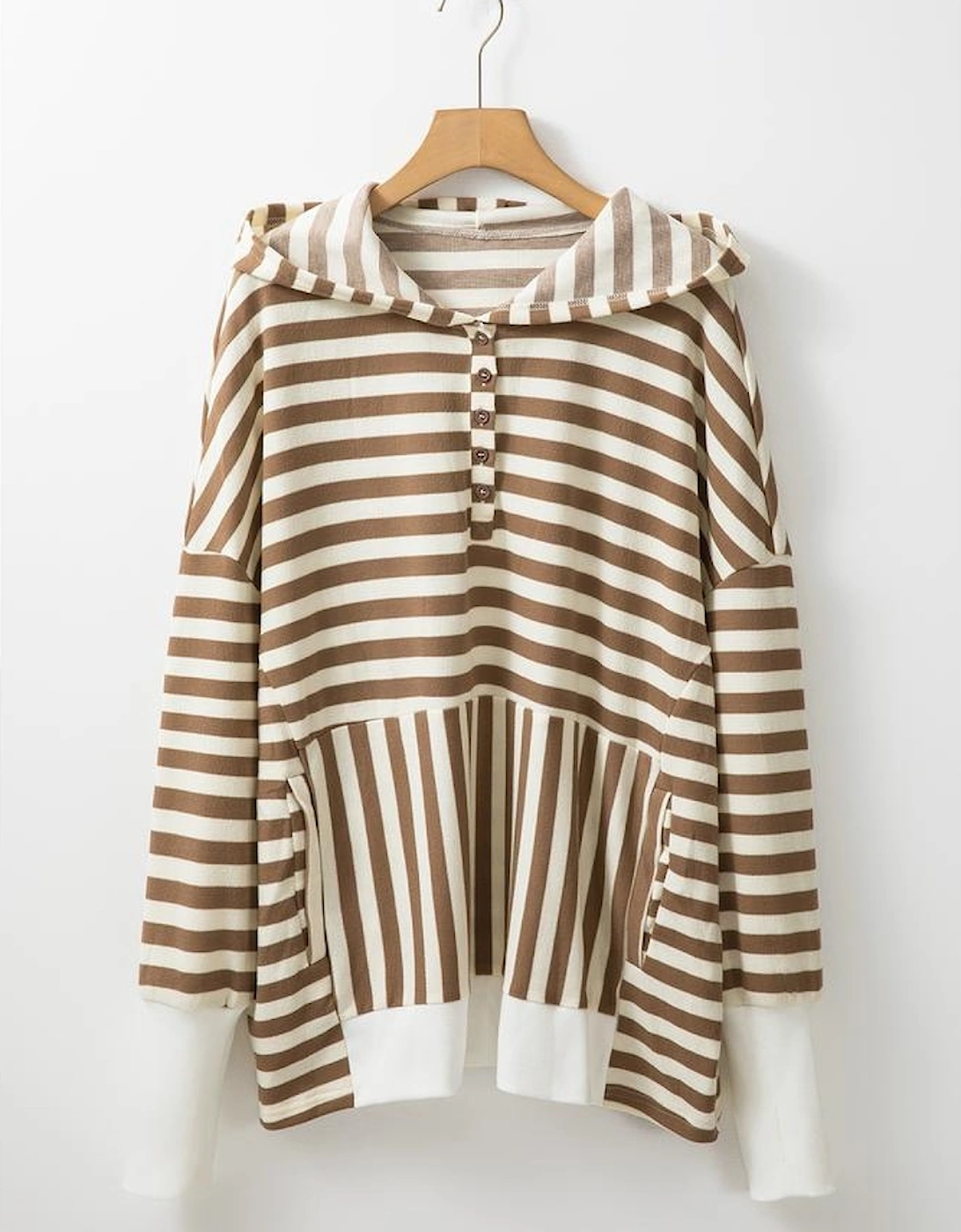 Brown Stripe Quarter Buttons Drop Sleeve Plus Size Hoodie