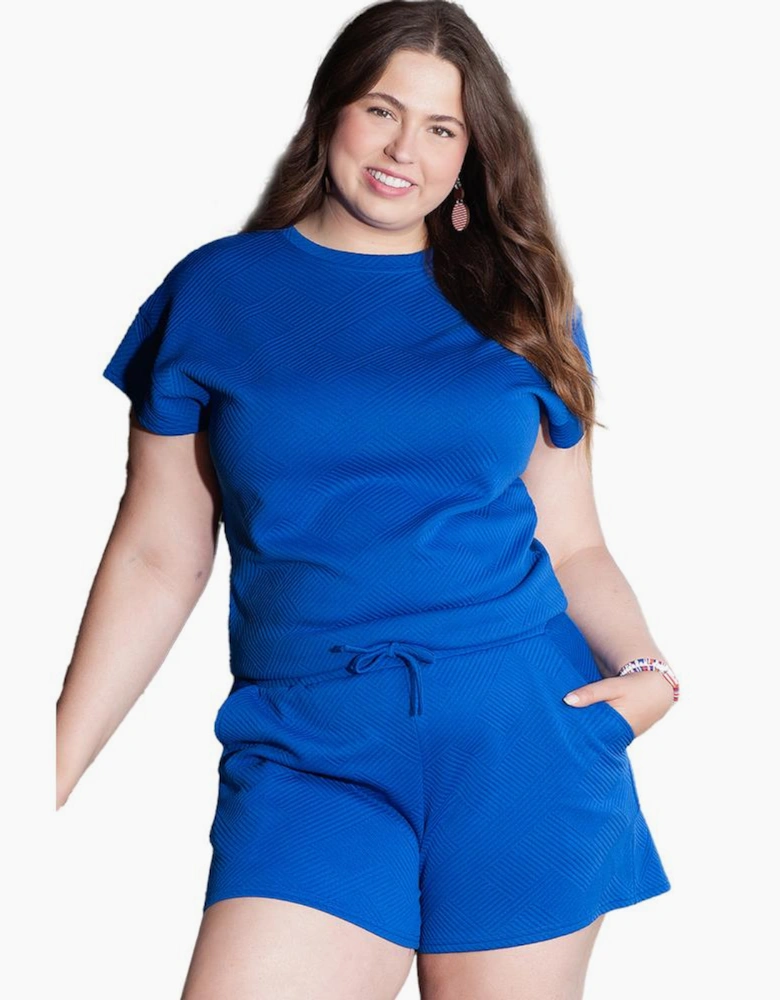 Dark Blue Plus Size Fashion Textured Short 2pcs Outfit