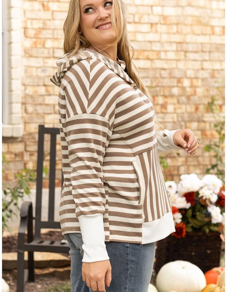 Brown Stripe Quarter Buttons Drop Sleeve Plus Size Hoodie