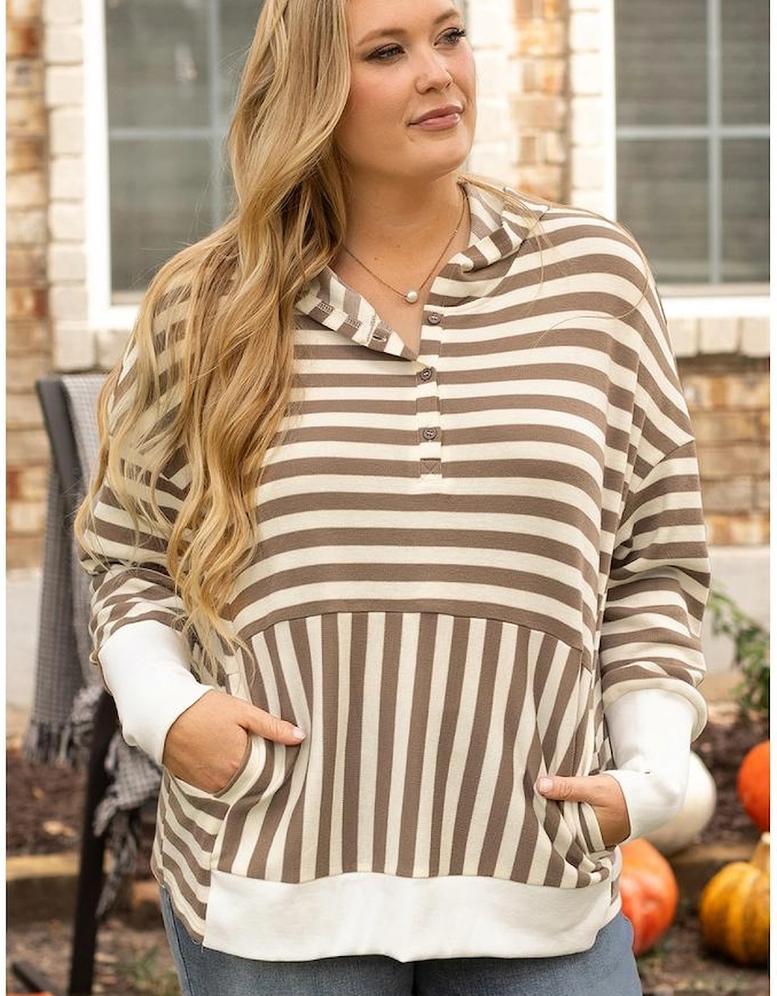 Brown Stripe Quarter Buttons Drop Sleeve Plus Size Hoodie