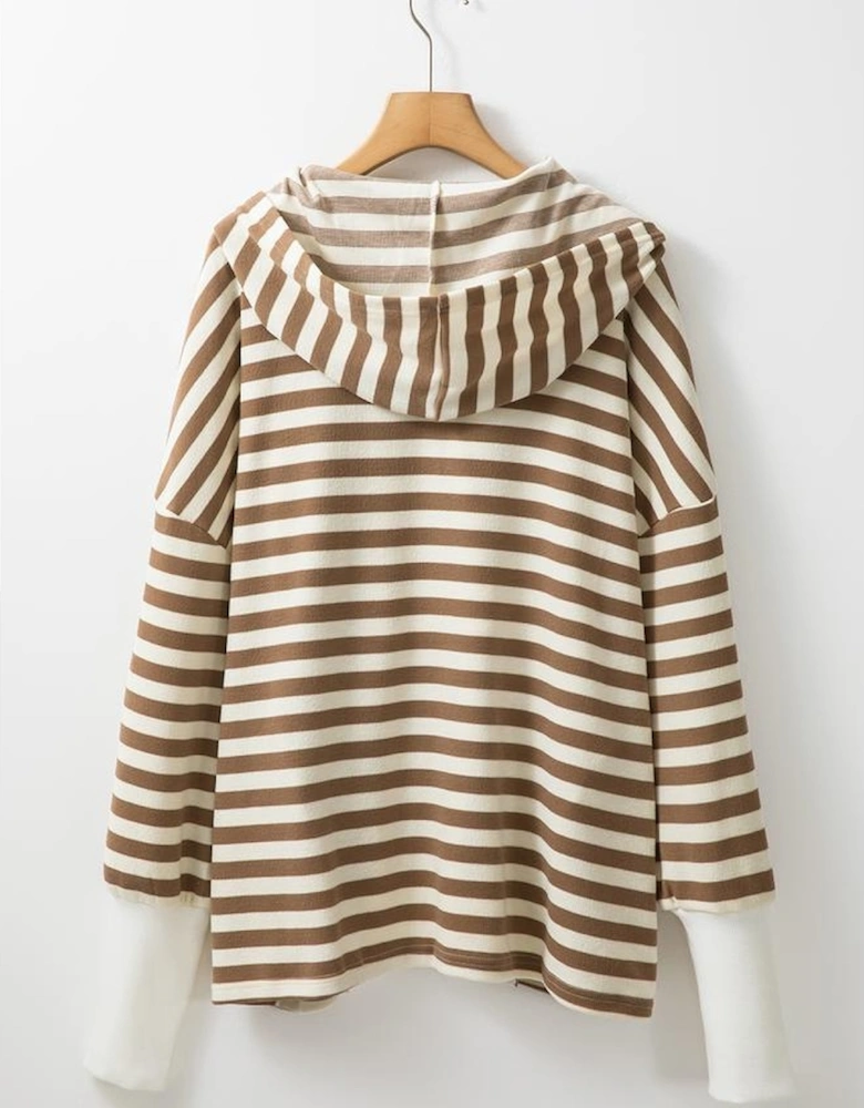 Brown Stripe Quarter Buttons Drop Sleeve Plus Size Hoodie