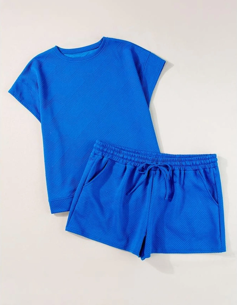 Dark Blue Plus Size Fashion Textured Short 2pcs Outfit