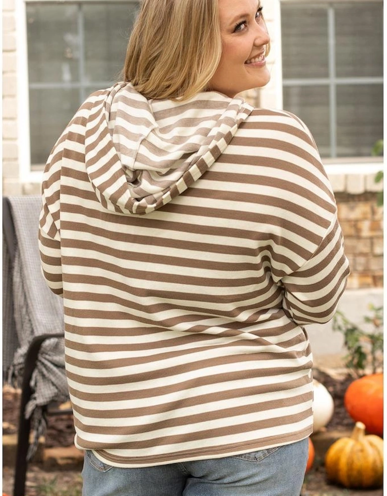 Brown Stripe Quarter Buttons Drop Sleeve Plus Size Hoodie