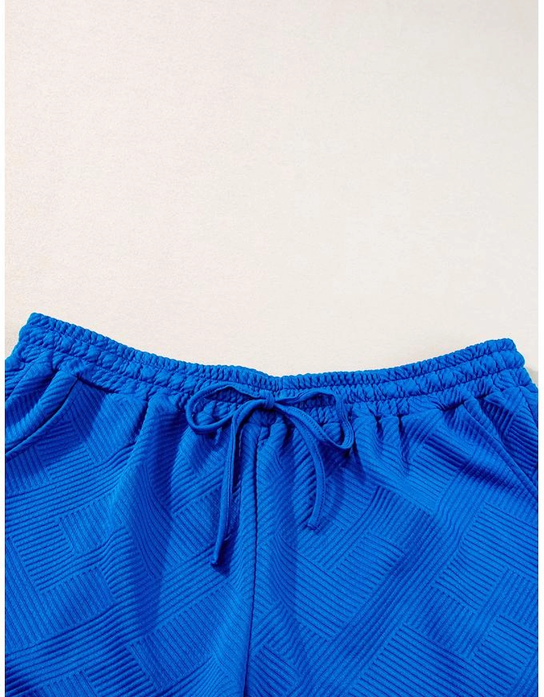 Dark Blue Plus Size Fashion Textured Short 2pcs Outfit