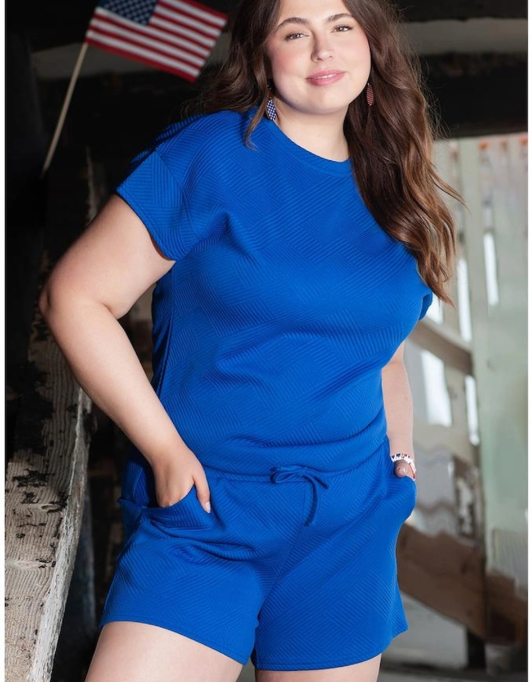 Dark Blue Plus Size Fashion Textured Short 2pcs Outfit