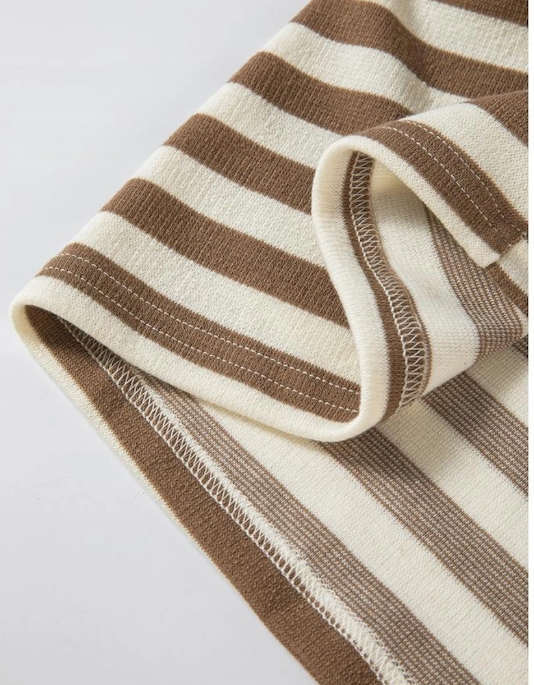 Brown Stripe Quarter Buttons Drop Sleeve Plus Size Hoodie
