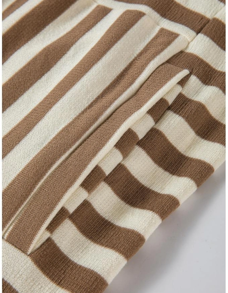 Brown Stripe Quarter Buttons Drop Sleeve Plus Size Hoodie