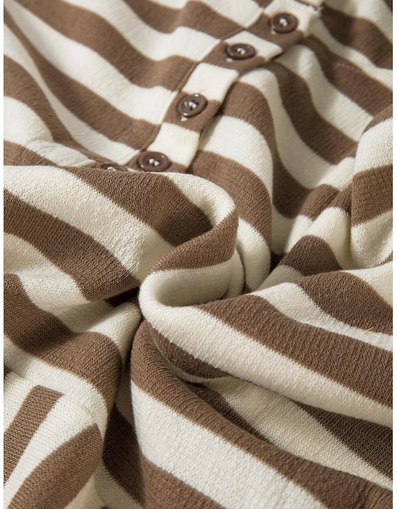 Brown Stripe Quarter Buttons Drop Sleeve Plus Size Hoodie
