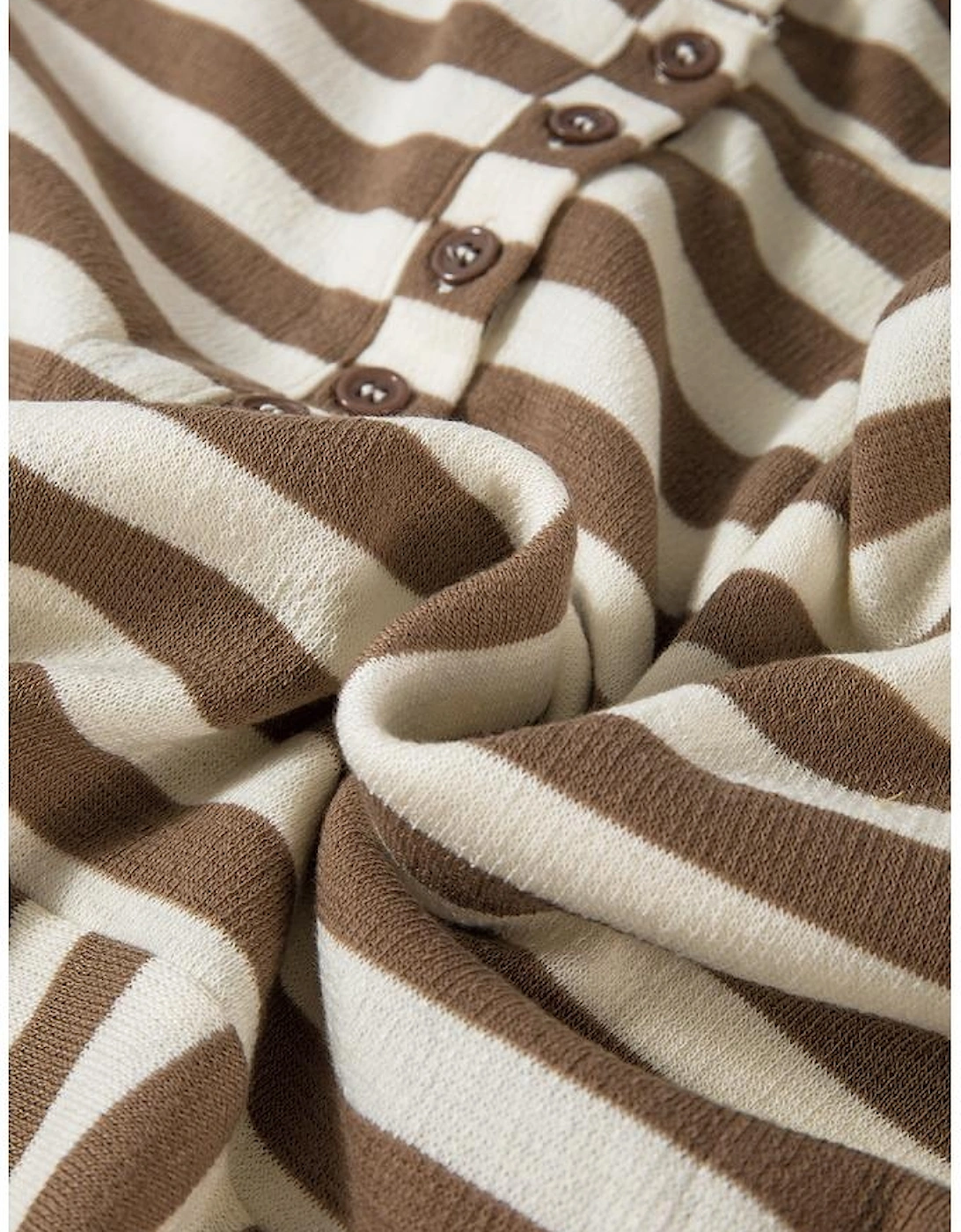 Brown Stripe Quarter Buttons Drop Sleeve Plus Size Hoodie