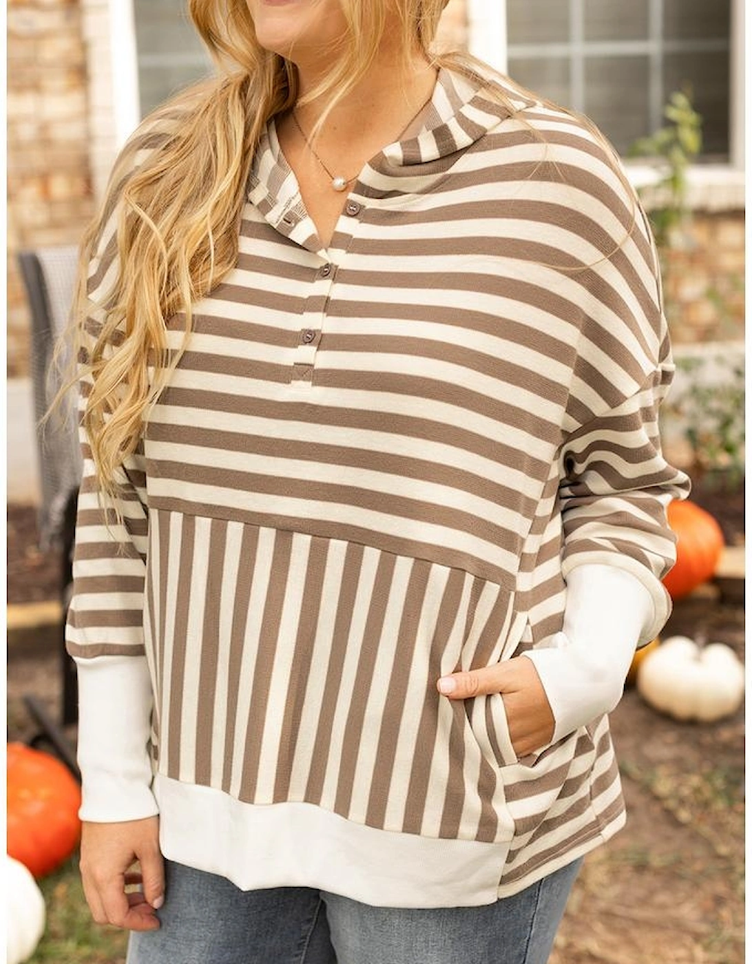 Brown Stripe Quarter Buttons Drop Sleeve Plus Size Hoodie