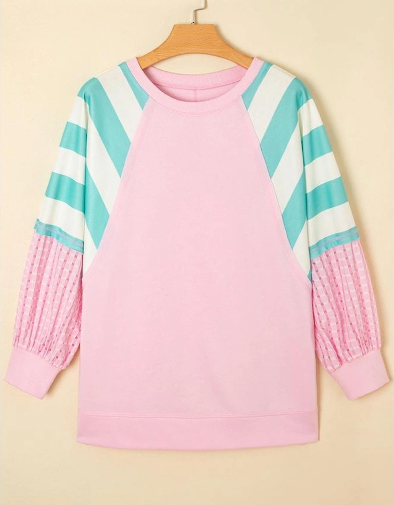 Bonbon Striped Colorblock Patchwork Raglan Pullover Top with Slits