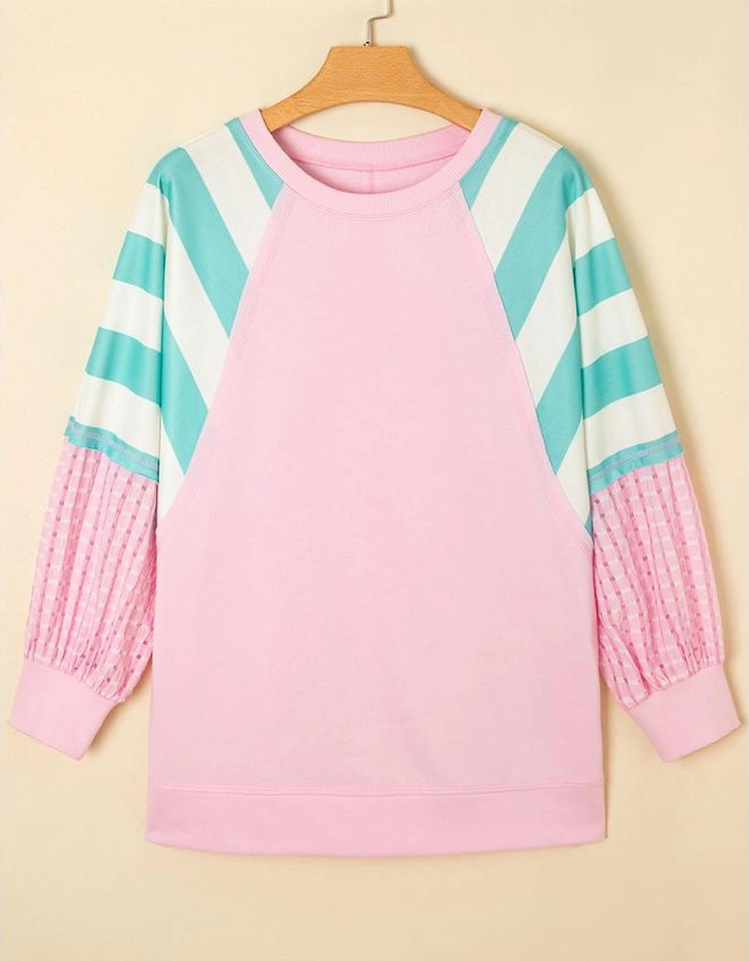 Bonbon Striped Colorblock Patchwork Raglan Pullover Top with Slits