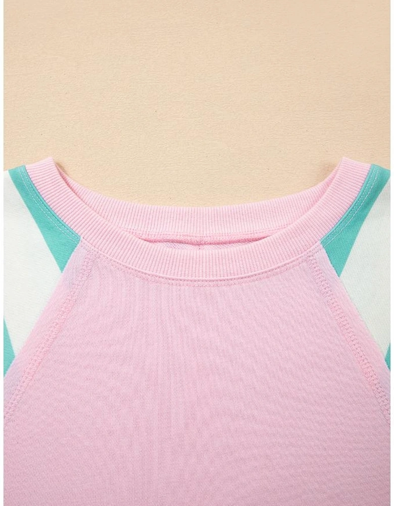 Bonbon Striped Colorblock Patchwork Raglan Pullover Top with Slits