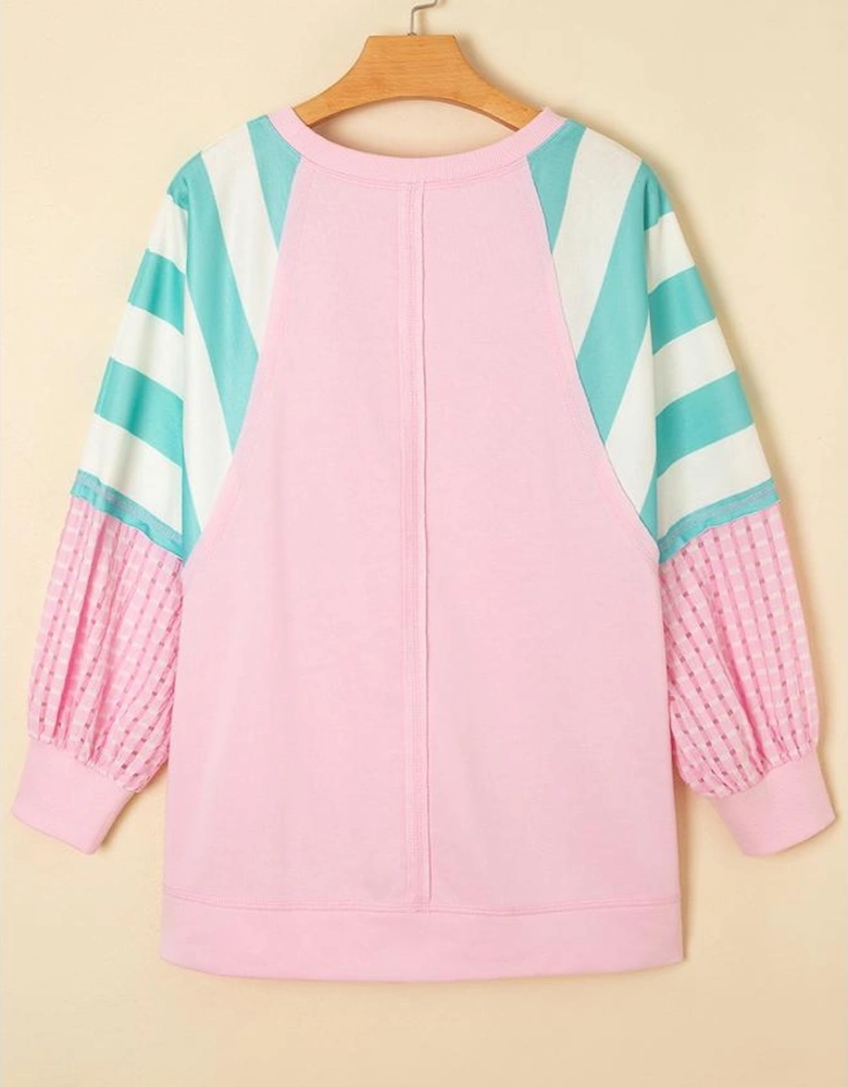 Bonbon Striped Colorblock Patchwork Raglan Pullover Top with Slits