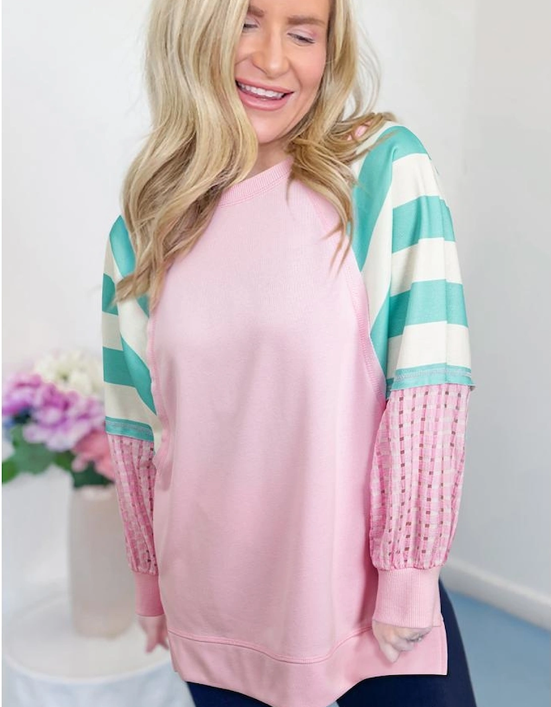 Bonbon Striped Colorblock Patchwork Raglan Pullover Top with Slits