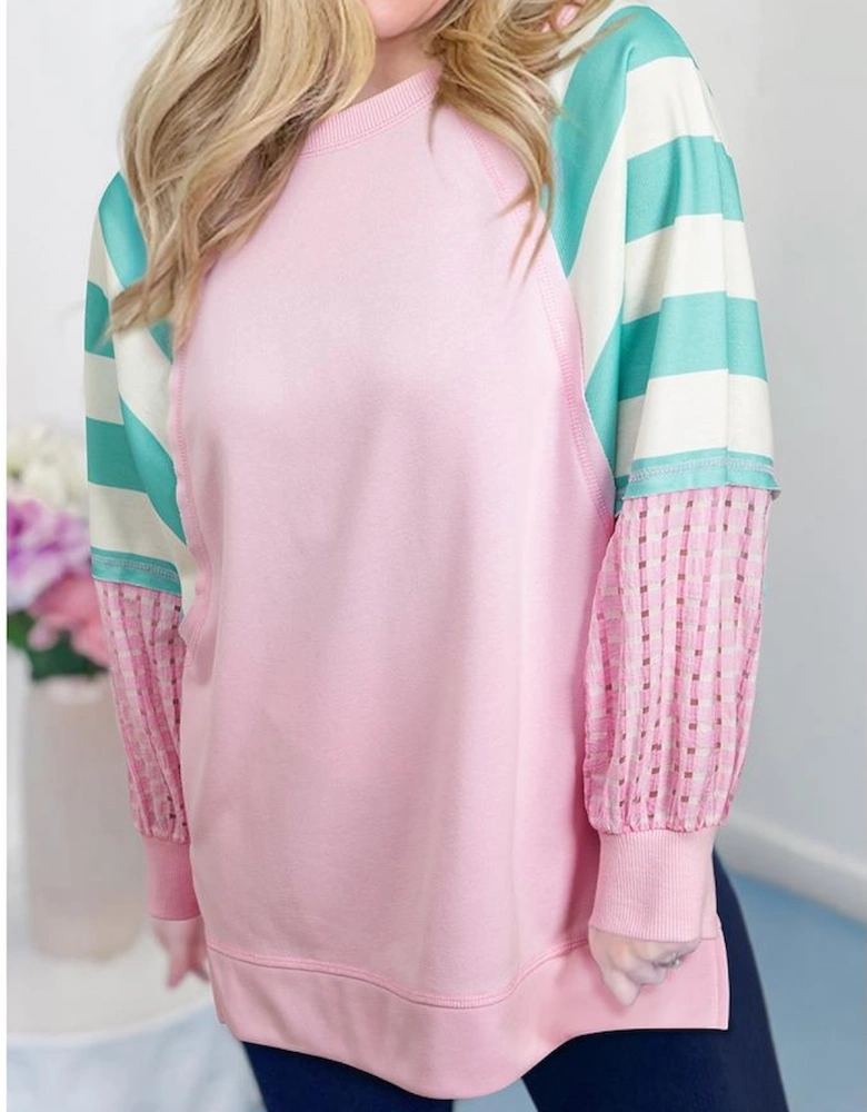 Bonbon Striped Colorblock Patchwork Raglan Pullover Top with Slits