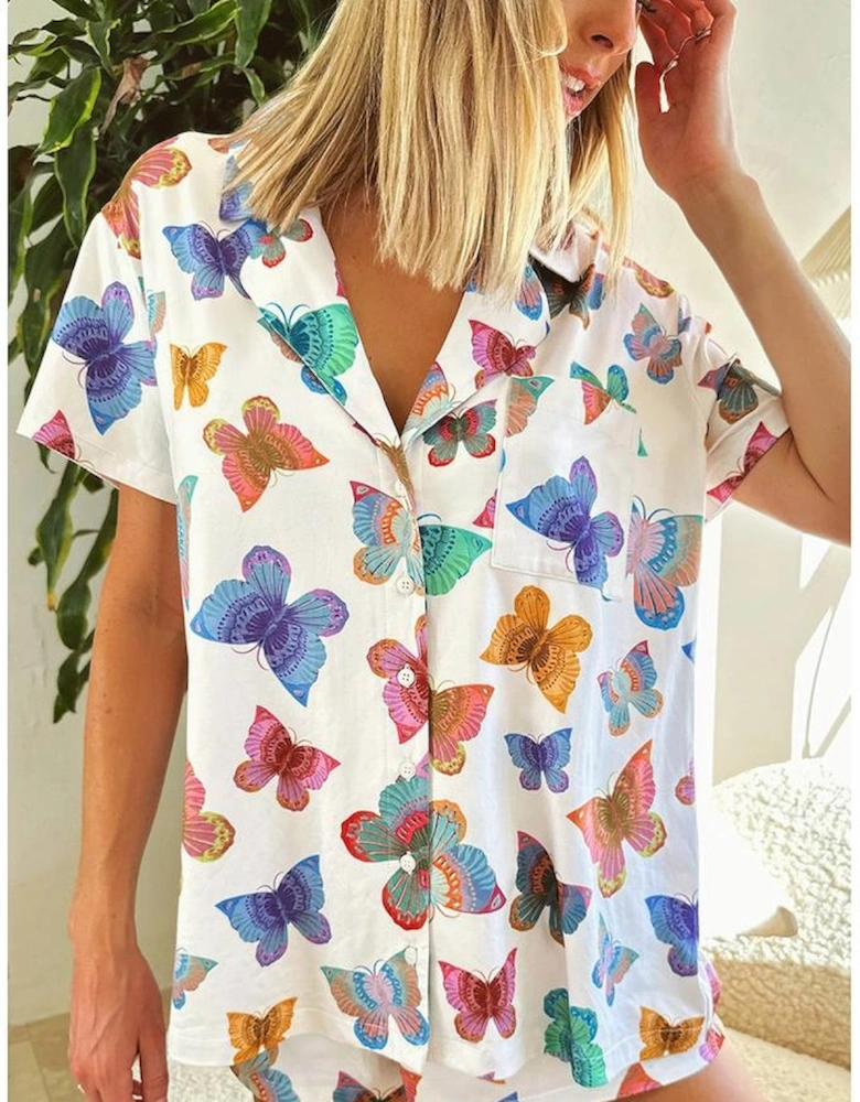 Multicolour Butterfly Pattern Short Sleeve Shirt Pajamas Set