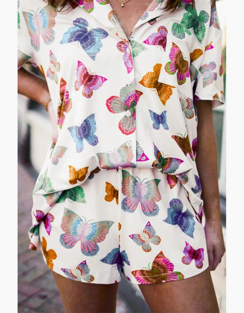 Multicolour Butterfly Pattern Short Sleeve Shirt Pajamas Set