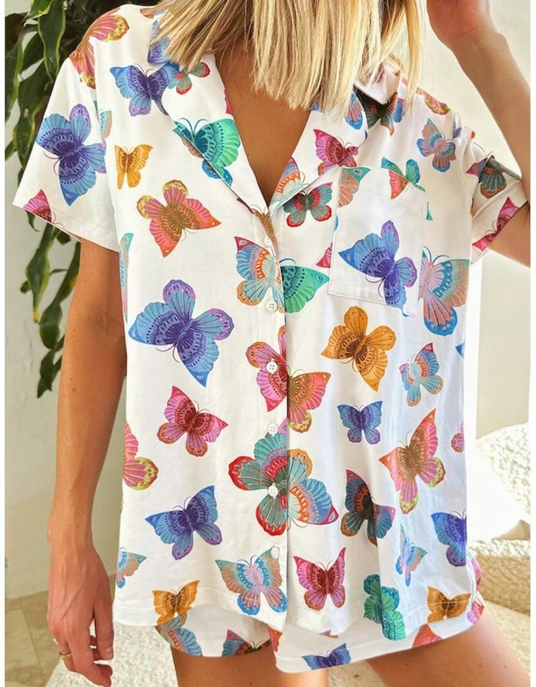 Multicolour Butterfly Pattern Short Sleeve Shirt Pajamas Set