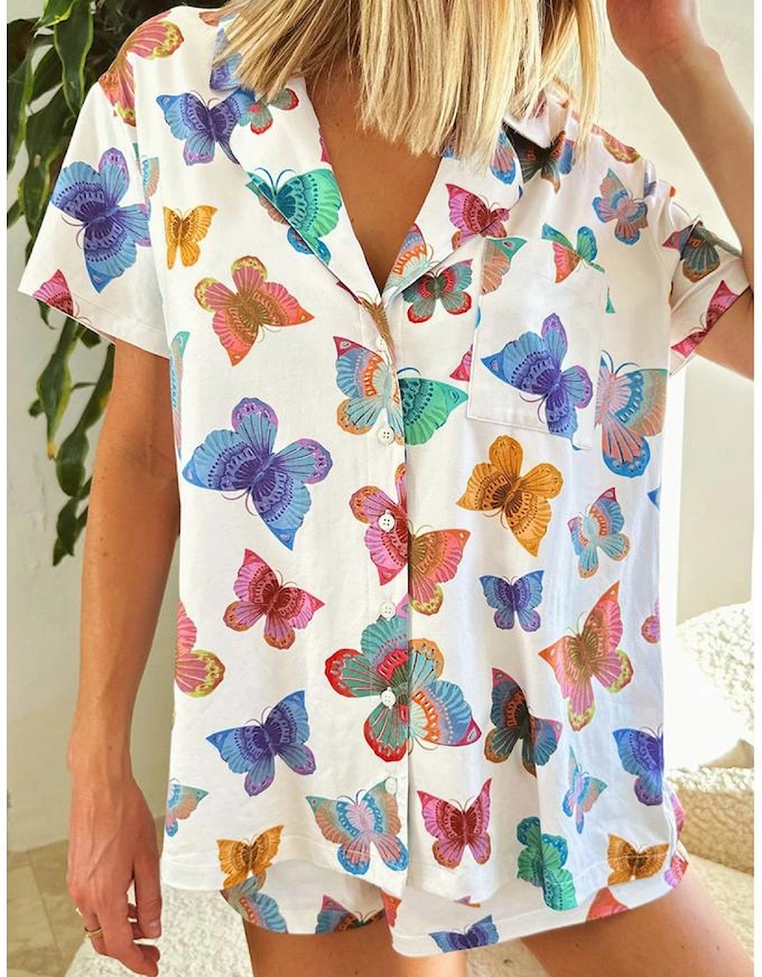 Multicolour Butterfly Pattern Short Sleeve Shirt Pajamas Set, 12 of 11