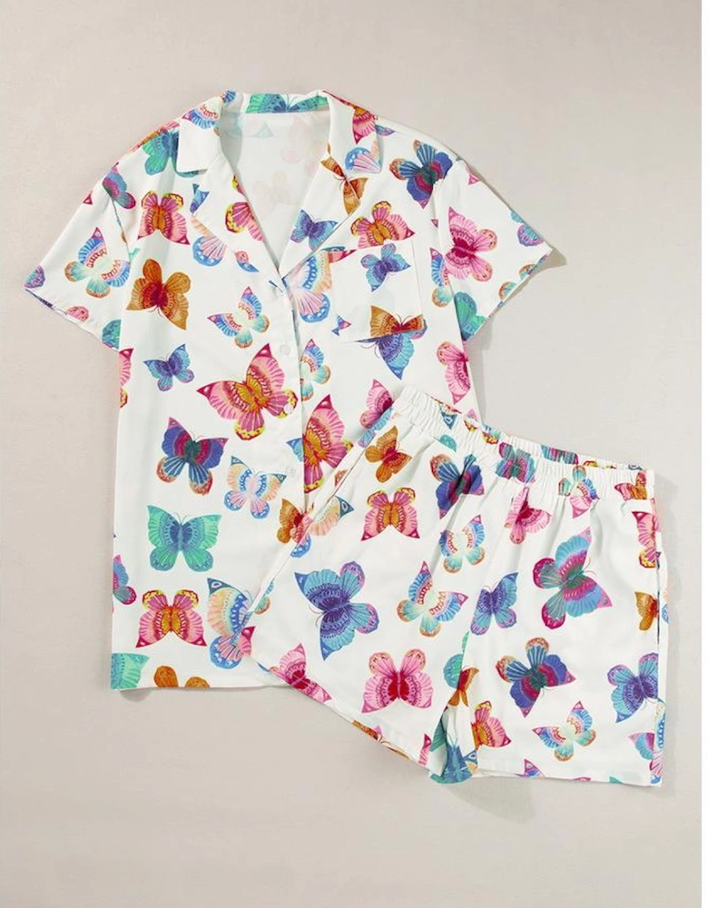Multicolour Butterfly Pattern Short Sleeve Shirt Pajamas Set