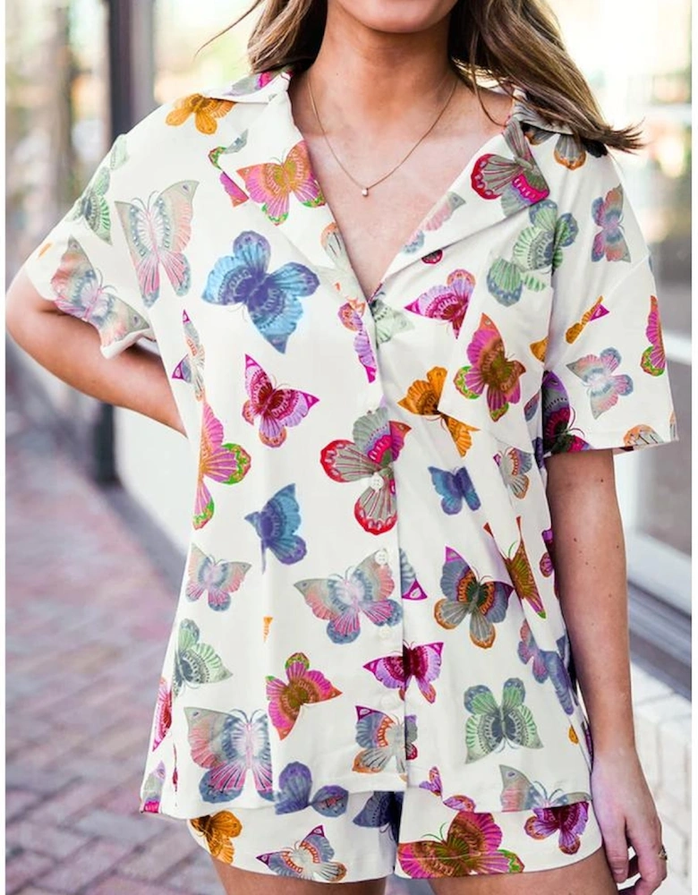 Multicolour Butterfly Pattern Short Sleeve Shirt Pajamas Set
