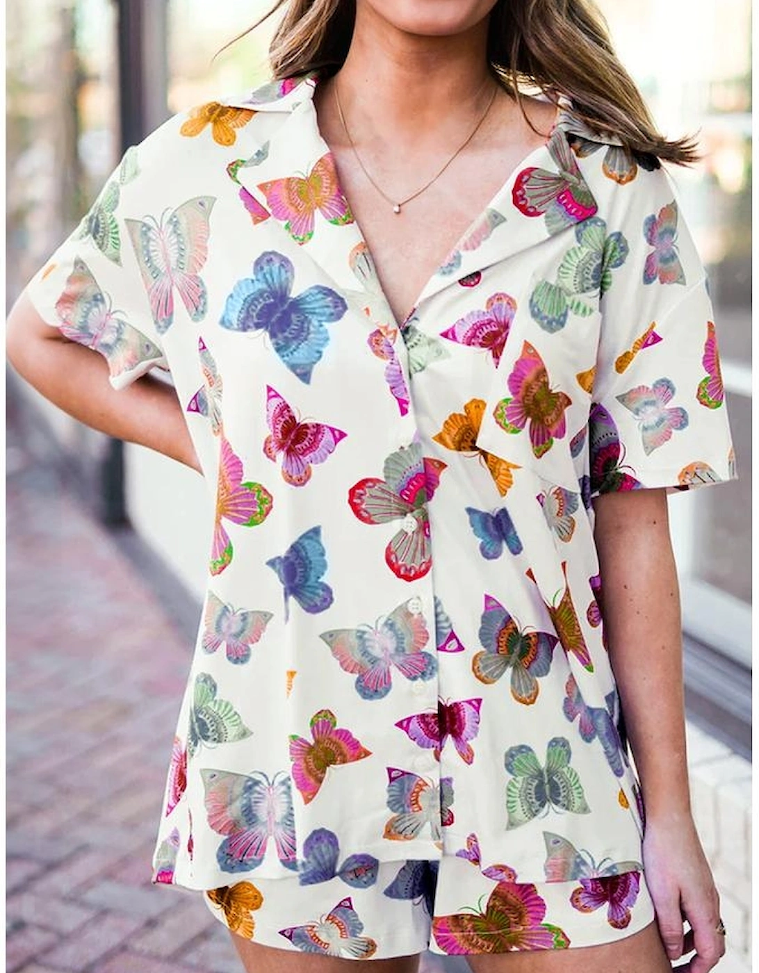 Multicolour Butterfly Pattern Short Sleeve Shirt Pajamas Set