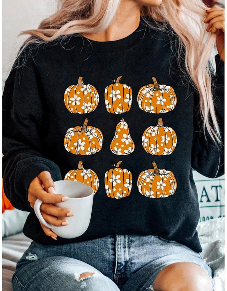 Black Floral Pumpkin Graphic Round Neck Halloween Sweatshirt
